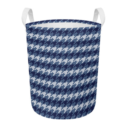 Denim Houndstooth Pattern Print Round Laundry Basket