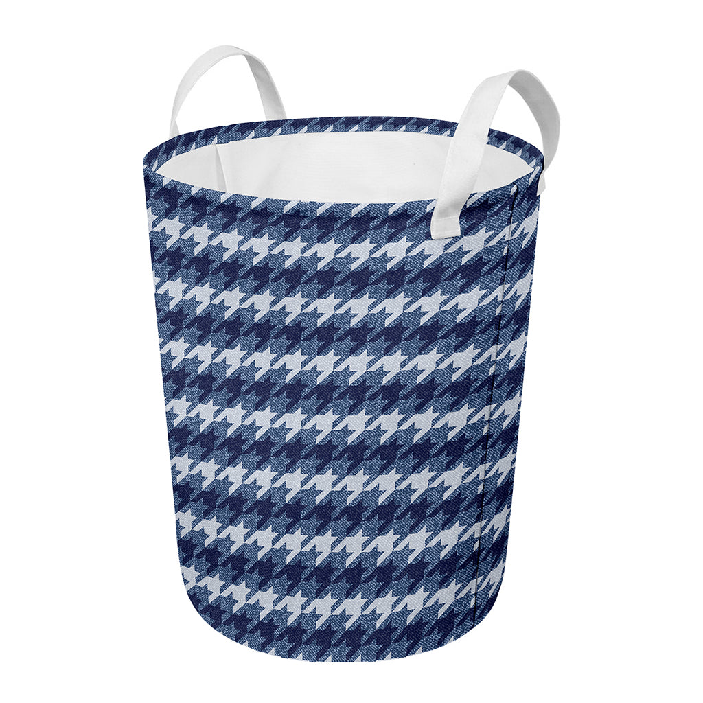 Denim Houndstooth Pattern Print Round Laundry Basket