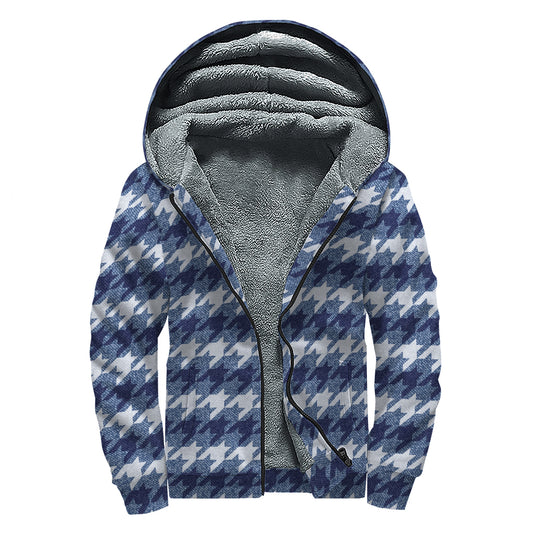 Denim Houndstooth Pattern Print Sherpa Lined Zip Up Hoodie