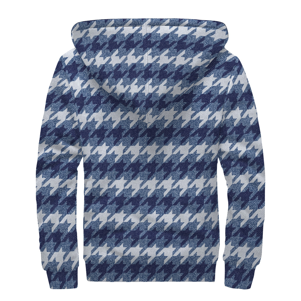 Denim Houndstooth Pattern Print Sherpa Lined Zip Up Hoodie