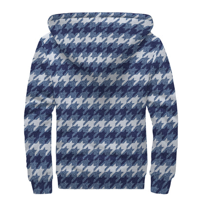 Denim Houndstooth Pattern Print Sherpa Lined Zip Up Hoodie