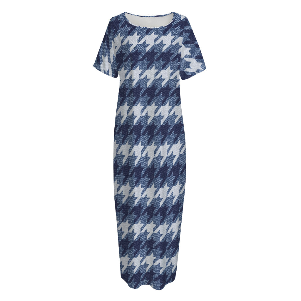 Denim Houndstooth Pattern Print Short Sleeve Long Nightdress