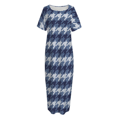 Denim Houndstooth Pattern Print Short Sleeve Long Nightdress