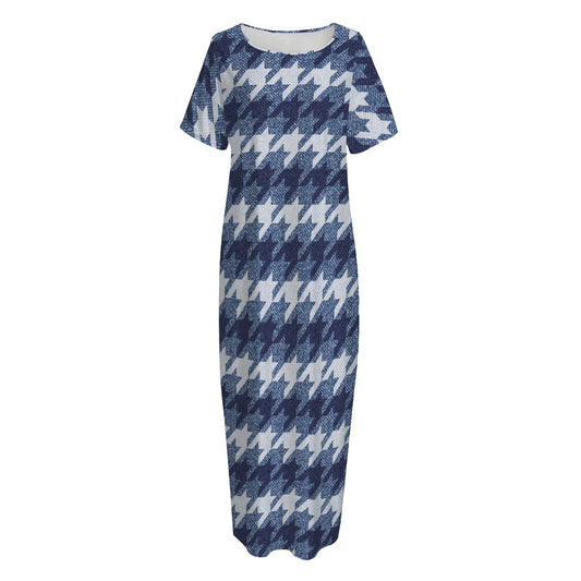 Denim Houndstooth Pattern Print Short Sleeve Long Nightdress
