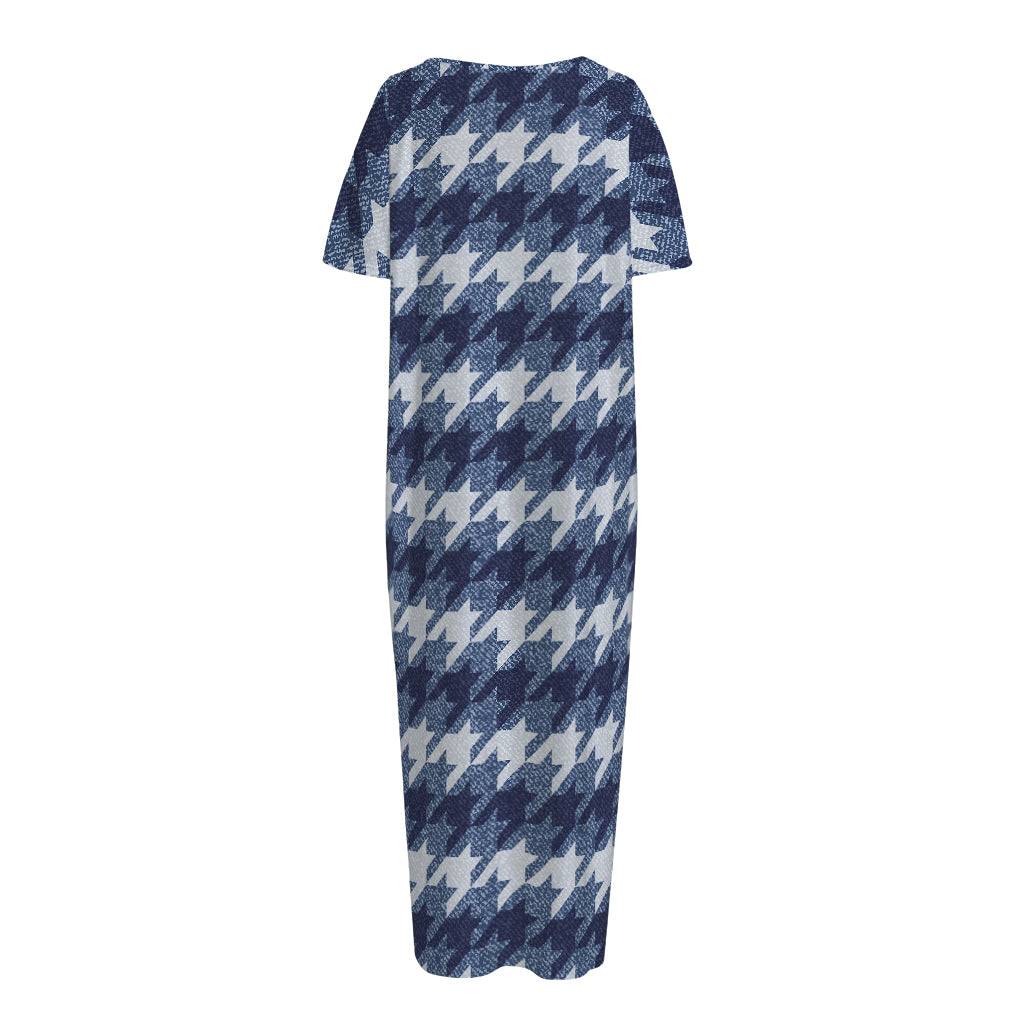 Denim Houndstooth Pattern Print Short Sleeve Long Nightdress