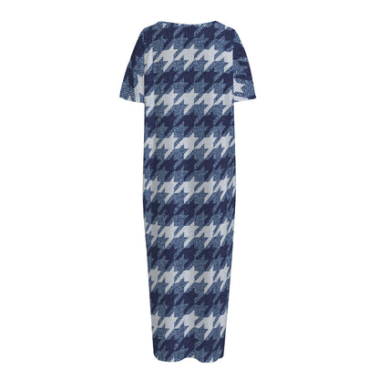 Denim Houndstooth Pattern Print Short Sleeve Long Nightdress