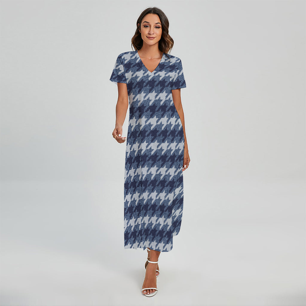 Denim Houndstooth Pattern Print Short Sleeve Maxi Dress