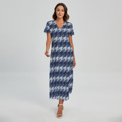 Denim Houndstooth Pattern Print Short Sleeve Maxi Dress