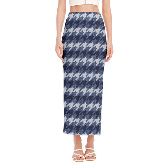 Denim Houndstooth Pattern Print Side Slit Maxi Skirt