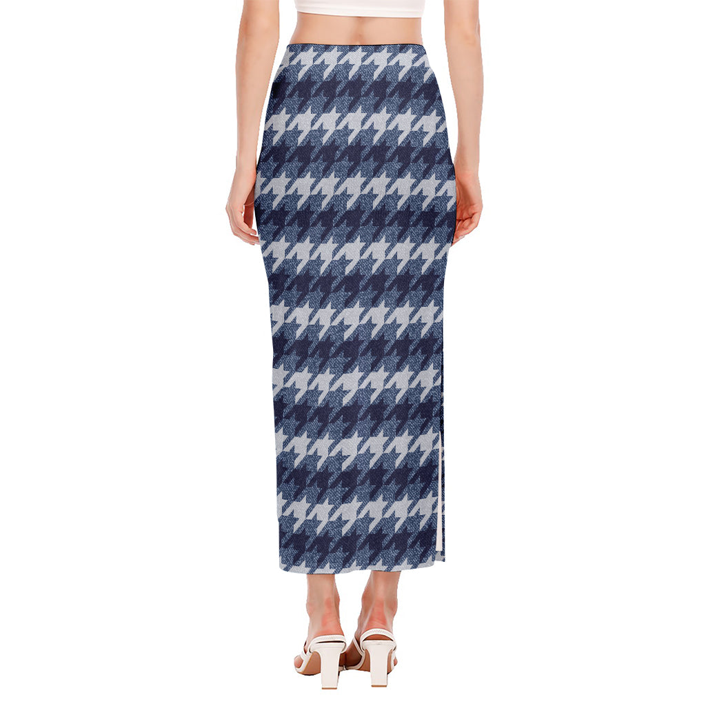 Denim Houndstooth Pattern Print Side Slit Maxi Skirt