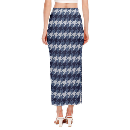 Denim Houndstooth Pattern Print Side Slit Maxi Skirt