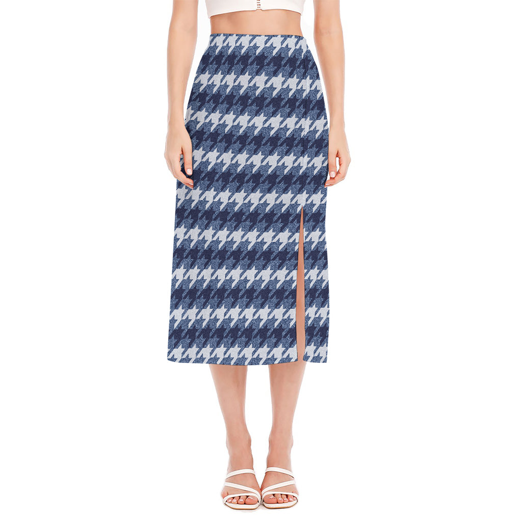 Denim Houndstooth Pattern Print Side Slit Midi Skirt