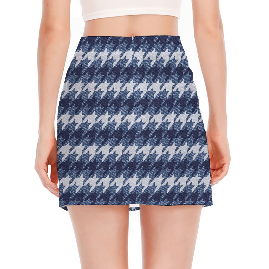 Denim Houndstooth Pattern Print Side Slit Mini Skirt