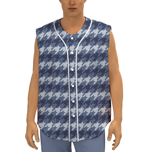 Denim Houndstooth Pattern Print Sleeveless Baseball Jersey