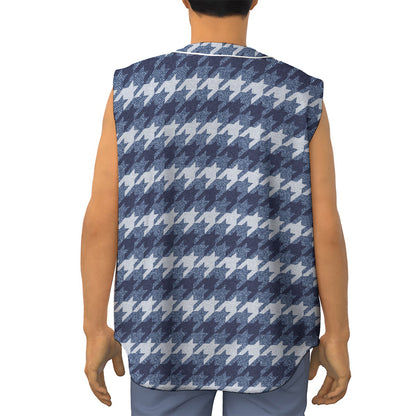 Denim Houndstooth Pattern Print Sleeveless Baseball Jersey
