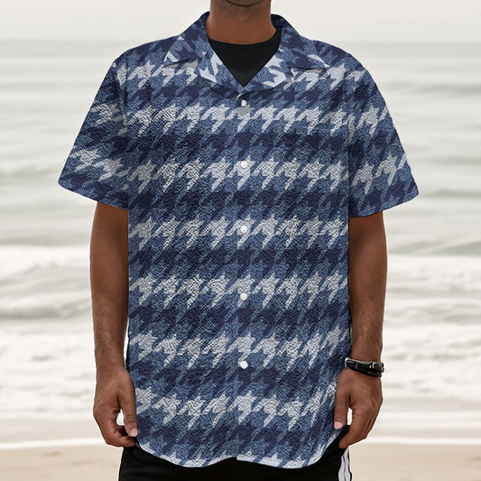 Denim Houndstooth Pattern Print Textured Short Sleeve Shirt
