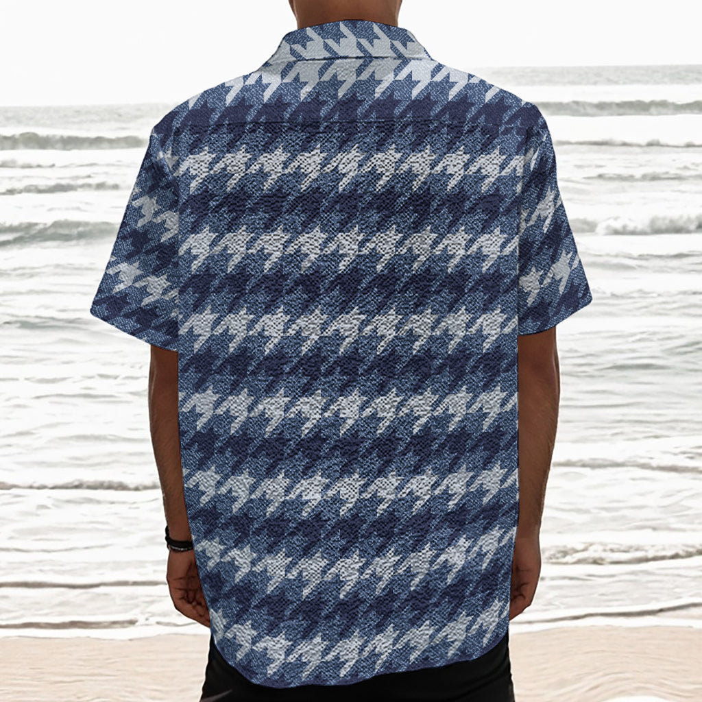 Denim Houndstooth Pattern Print Textured Short Sleeve Shirt