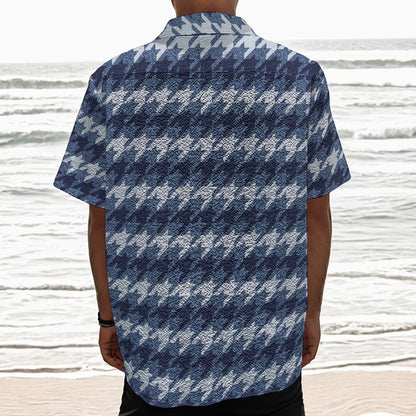 Denim Houndstooth Pattern Print Textured Short Sleeve Shirt