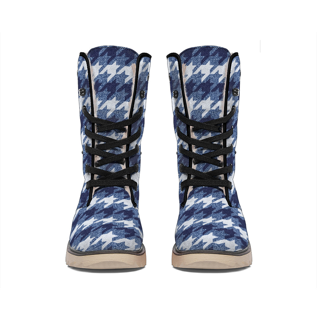 Denim Houndstooth Pattern Print Winter Boots