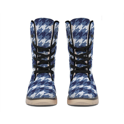 Denim Houndstooth Pattern Print Winter Boots
