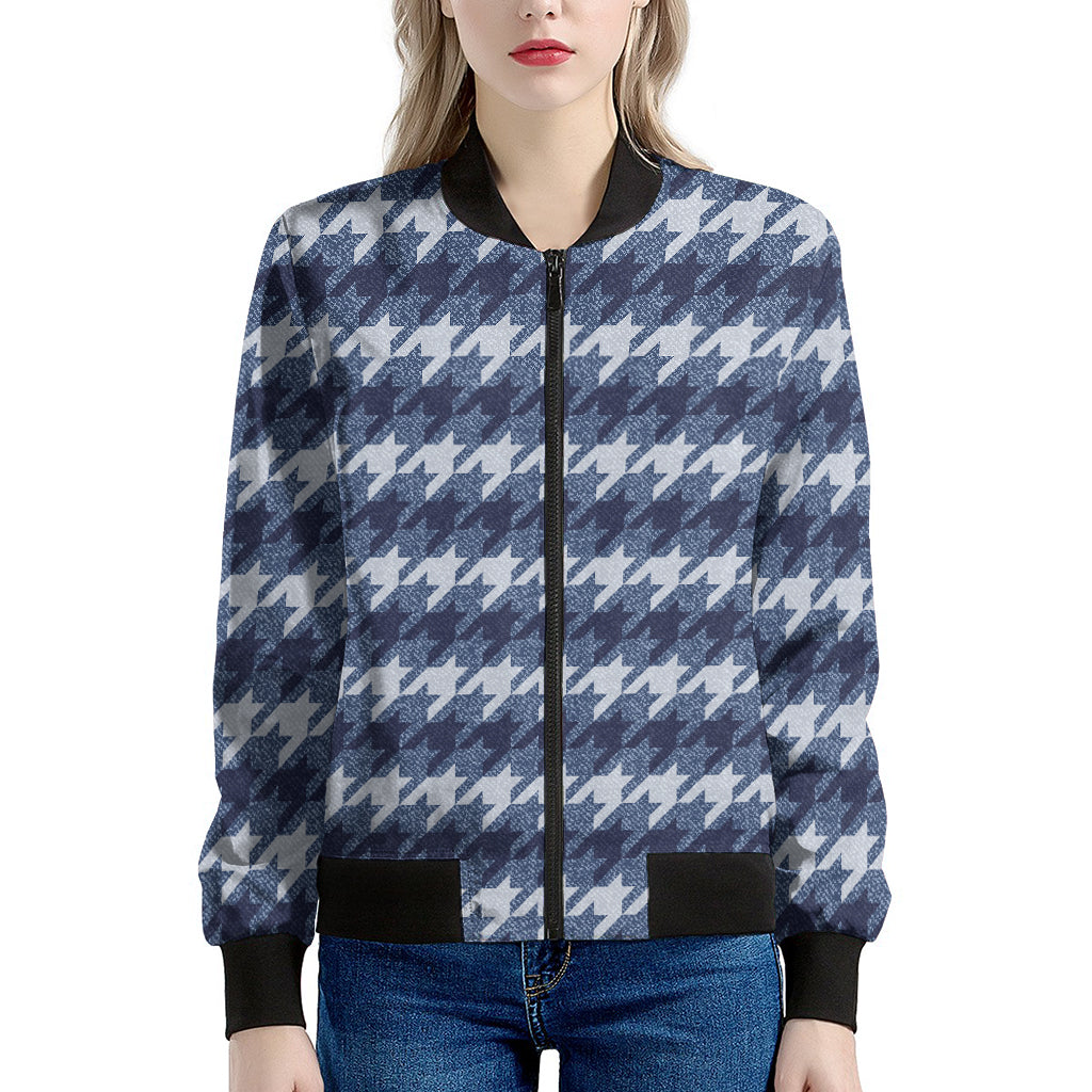 Denim Houndstooth Pattern Print Women's Bomber Jacket