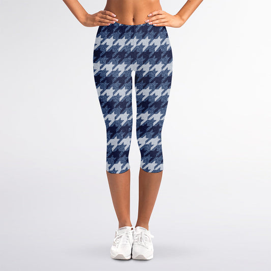 Denim Houndstooth Pattern Print Women's Capri Leggings