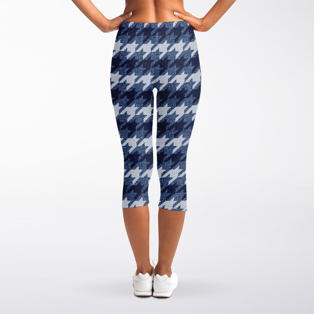 Denim Houndstooth Pattern Print Women's Capri Leggings