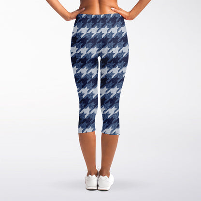 Denim Houndstooth Pattern Print Women's Capri Leggings