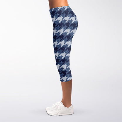 Denim Houndstooth Pattern Print Women's Capri Leggings