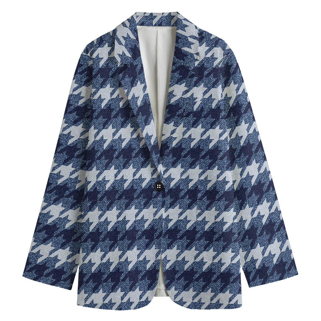 Denim Houndstooth Pattern Print Women's Cotton Blazer
