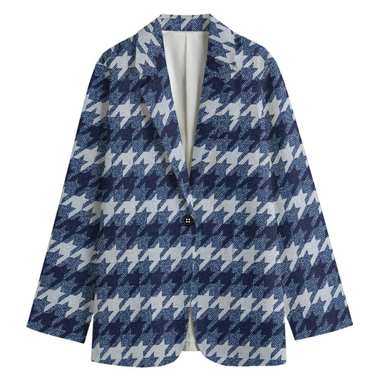 Denim Houndstooth Pattern Print Women's Cotton Blazer