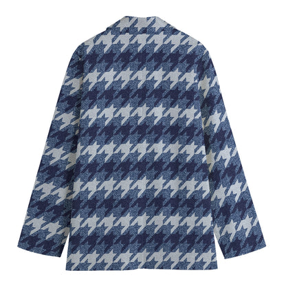 Denim Houndstooth Pattern Print Women's Cotton Blazer
