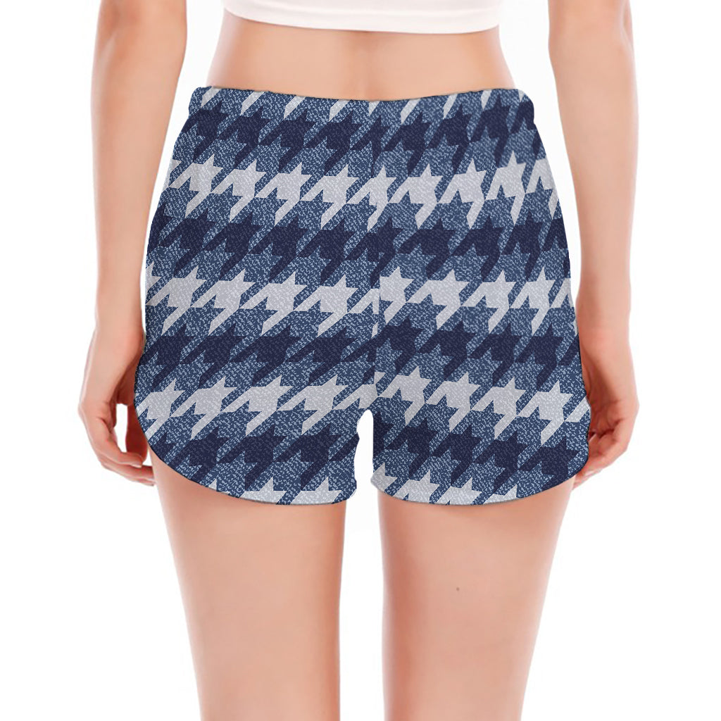 Denim Houndstooth Pattern Print Women's Split Running Shorts