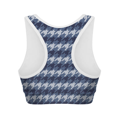 Denim Houndstooth Pattern Print Women's Sports Bra