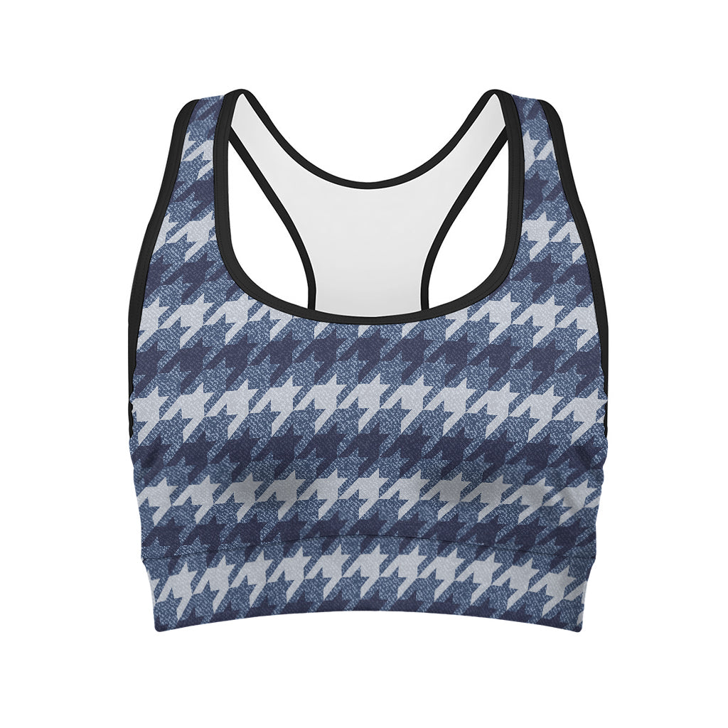 Denim Houndstooth Pattern Print Women's Sports Bra