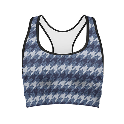 Denim Houndstooth Pattern Print Women's Sports Bra