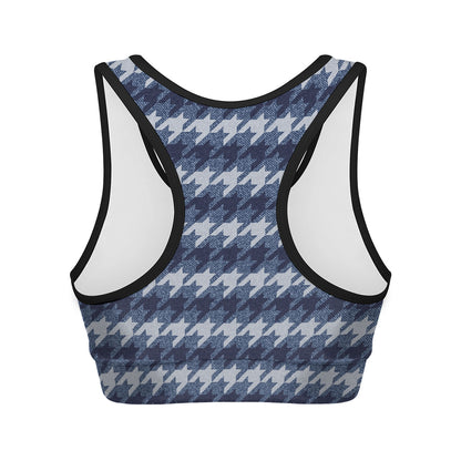 Denim Houndstooth Pattern Print Women's Sports Bra