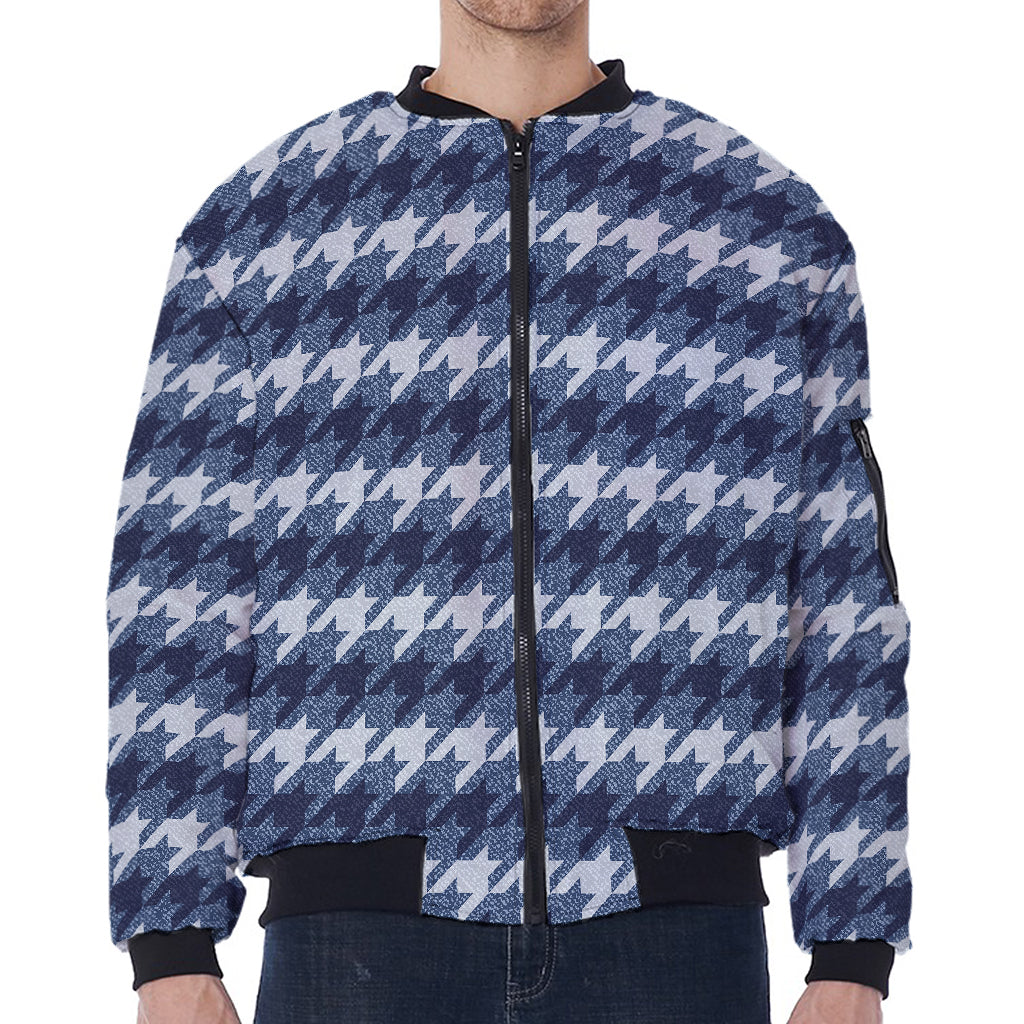 Denim Houndstooth Pattern Print Zip Sleeve Bomber Jacket