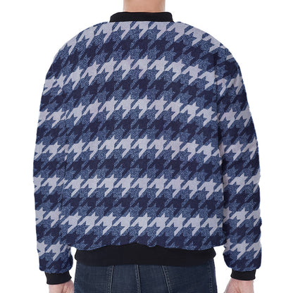 Denim Houndstooth Pattern Print Zip Sleeve Bomber Jacket