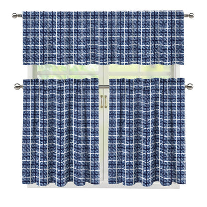 Denim Tattersall Pattern Print 3 Piece Kitchen Curtains