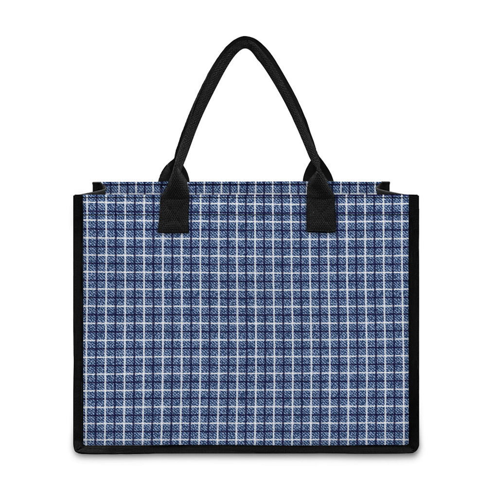Denim Tattersall Pattern Print Canvas Tote Bag