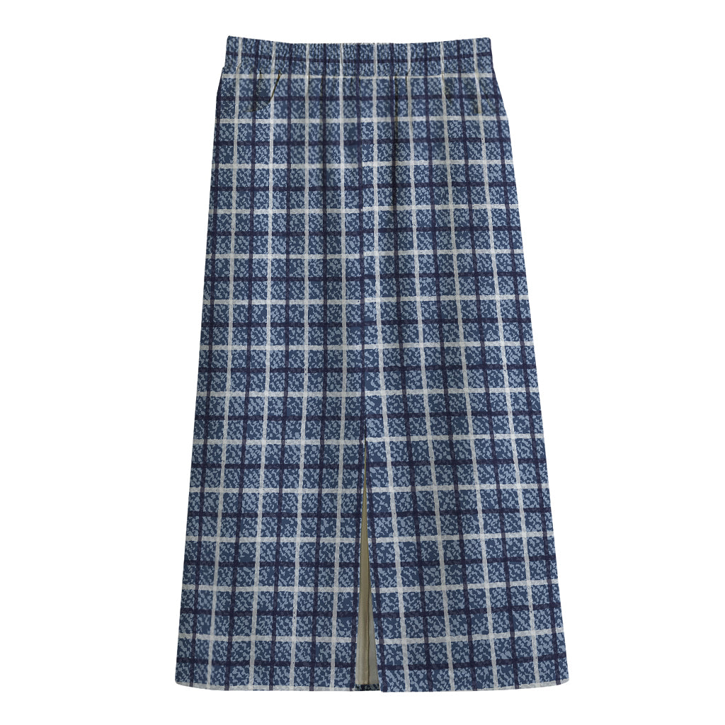 Denim Tattersall Pattern Print Cotton Front Slit Maxi Skirt