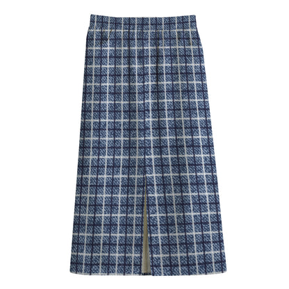 Denim Tattersall Pattern Print Cotton Front Slit Maxi Skirt