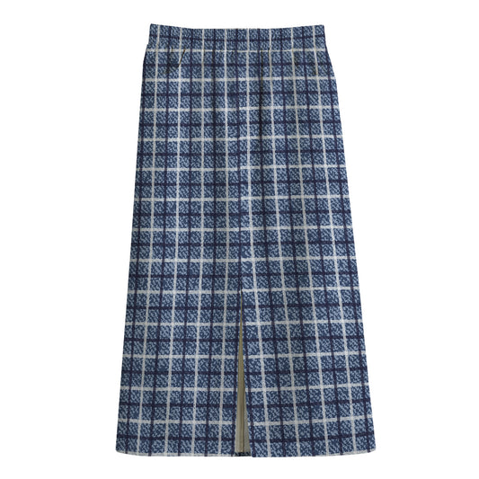 Denim Tattersall Pattern Print Cotton Front Slit Maxi Skirt
