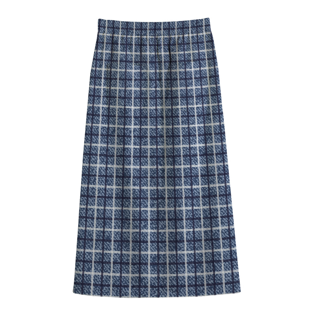 Denim Tattersall Pattern Print Cotton Front Slit Maxi Skirt