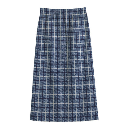 Denim Tattersall Pattern Print Cotton Front Slit Maxi Skirt