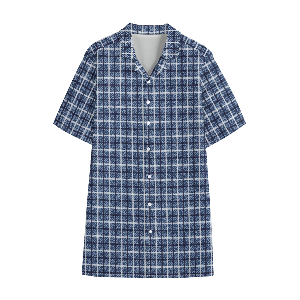 Denim Tattersall Pattern Print Cotton Hawaiian Shirt