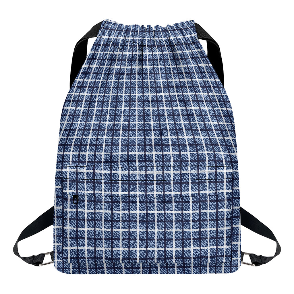 Denim Tattersall Pattern Print Drawstring Backpack