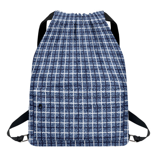 Denim Tattersall Pattern Print Drawstring Backpack