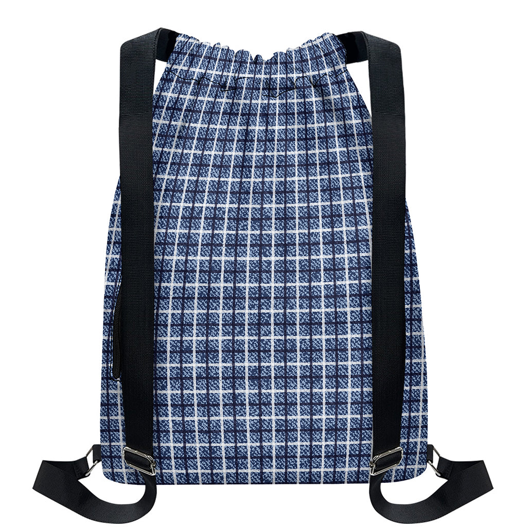 Denim Tattersall Pattern Print Drawstring Backpack